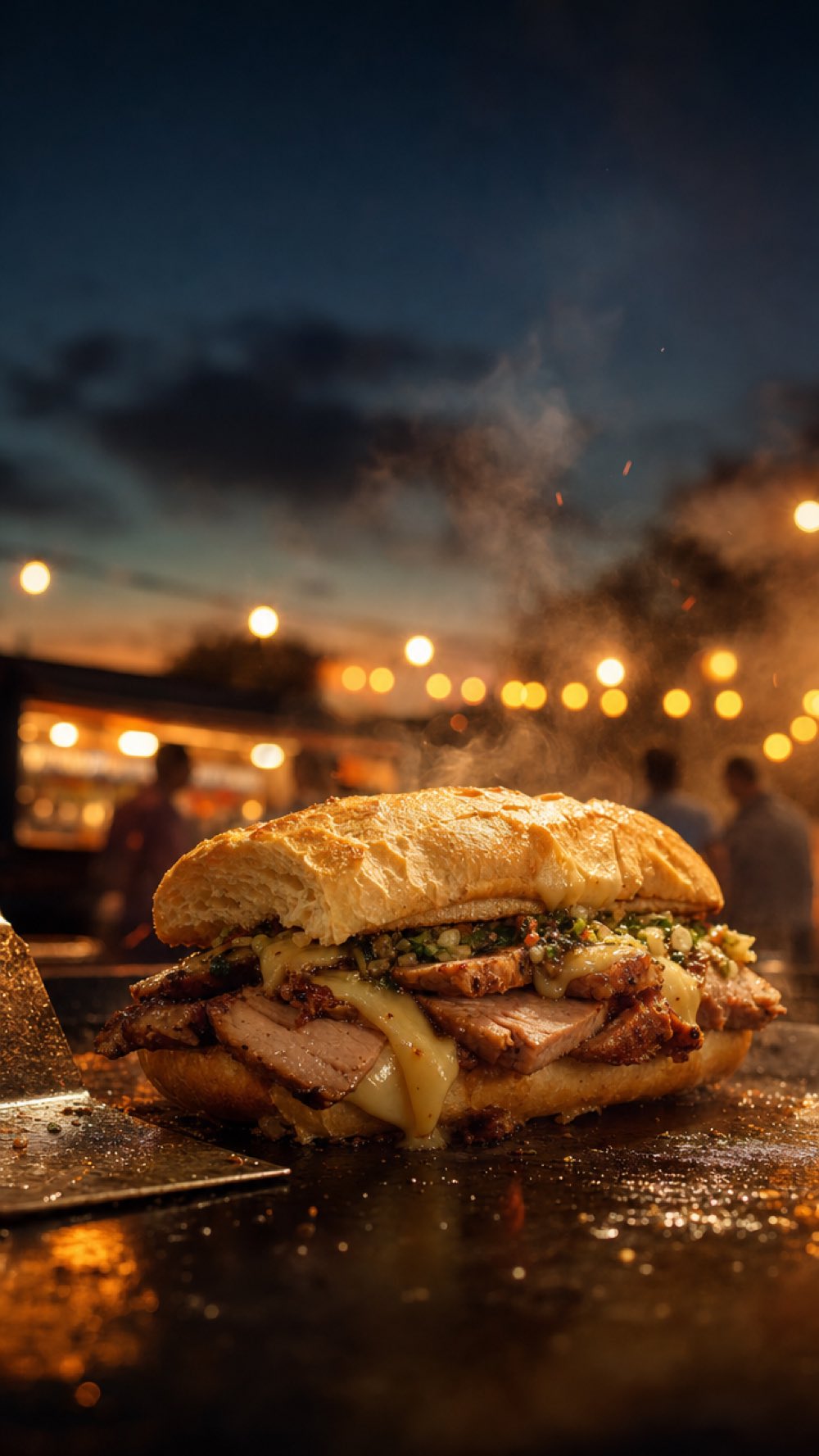 Sanduíche de pernil com queijo derretido na chapa, ao entardecer, com luzes de praça ao fundo (imagem ilustrativa)