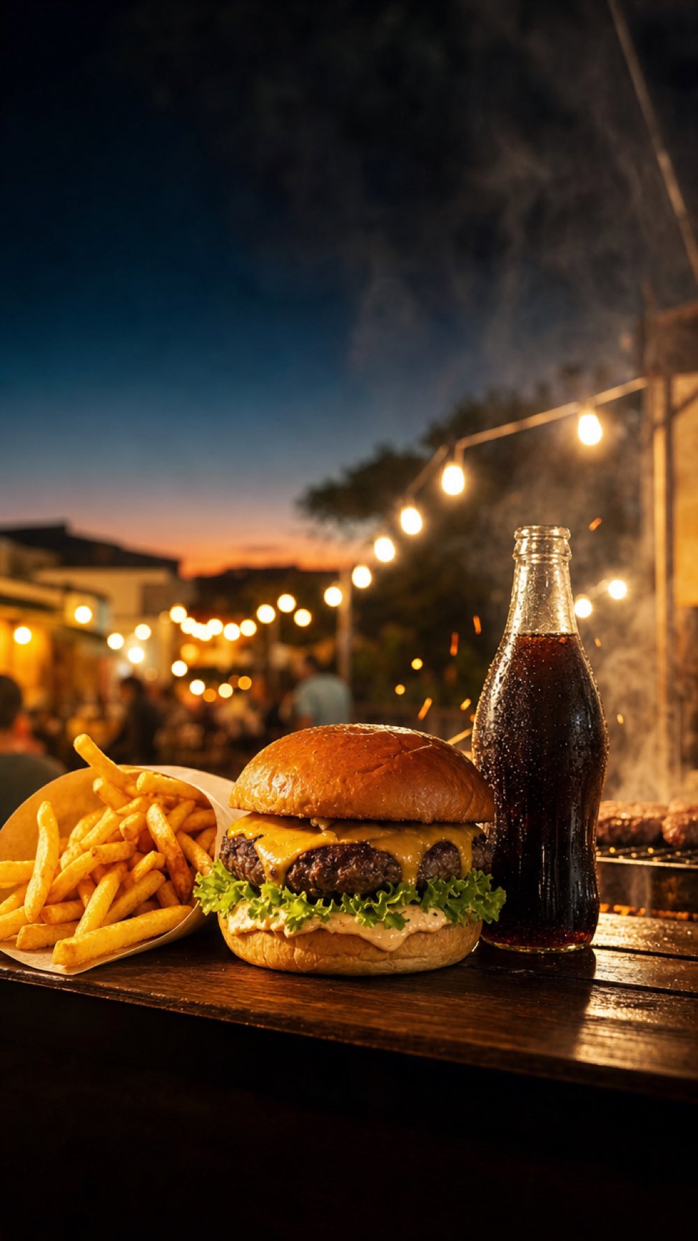 Hambúrguer com queijo, fritas e refrigerante em garrafa sobre uma mesa de madeira (imagem ilustrativa)