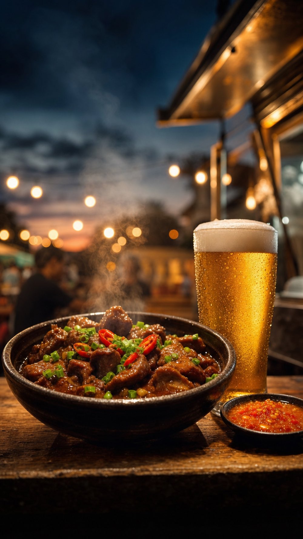 Tigela de moela ao molho com pimenta e cebolinha ao lado de um copo de cerveja gelada (imagem ilustrativa)