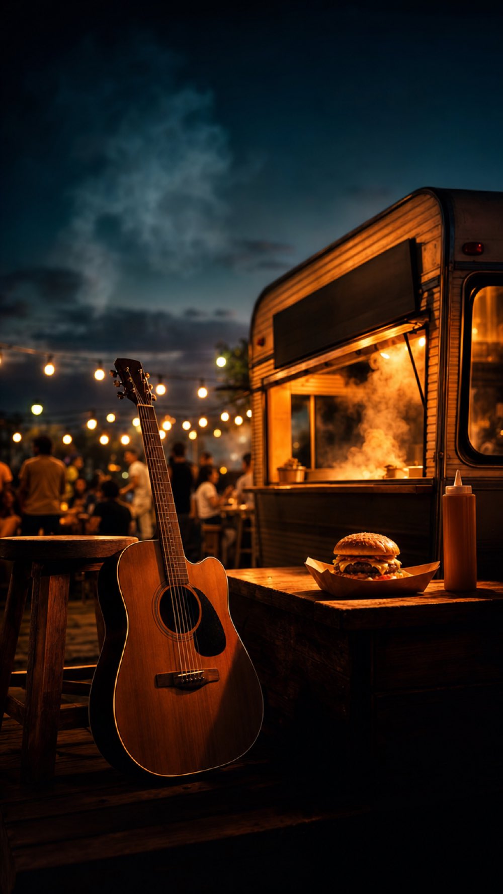 Violão encostado num banco ao lado do trailer iluminado, à noite, com luzes de praça (imagem ilustrativa)